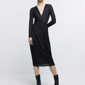 Black jacquard floral twist bodycon midi dress
